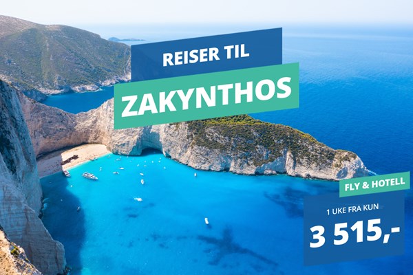 Restplassreiser til Zakynthos med fly tur/retur og hotell fra 3 515,-